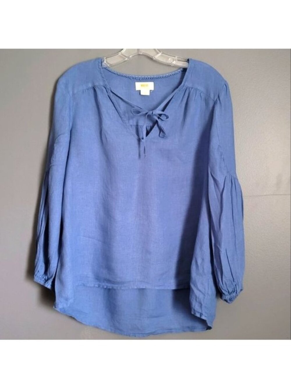 Maeve Anthropologie 100% Linen Blue Tie Neck Blouse Balloon Sleeve Boho Top Sz S